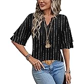 LOMON Womens Tops Ruffle Short Sleeve Blouses Fashion V Neck T Shirts Dressy Casual 3/4 Bell Sleeve Tee Spring Summer Clothes