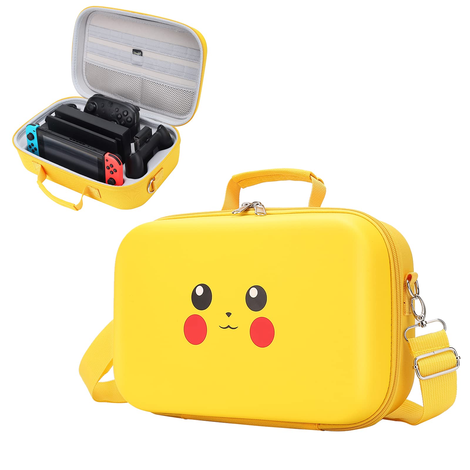 Pemalin Compact Hard Shell Cute Carrying Travel Case, Kawaii Yellow Storage Bag Compatible with Nintendo Switch/Switch OLED, Portable Travel Case with strap (18 Game-Card Slots).
