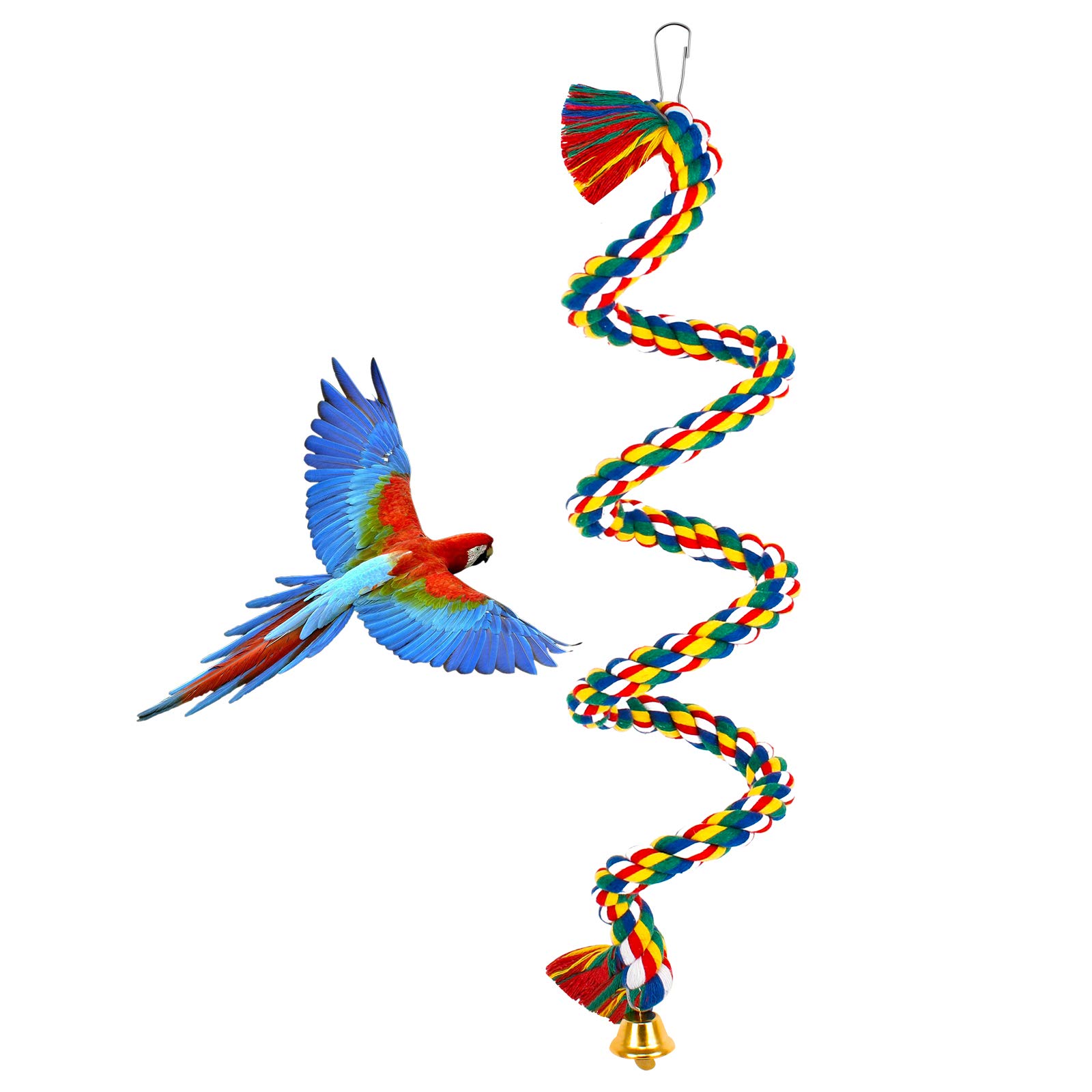 Ledoo Spiral Cotton Rope Bird Perch, Parrot Budgie Rope Spiral Perch, Parrot Budgie Rope, Spiral Perch Colorful Cotton Swing with Bell (100cm)