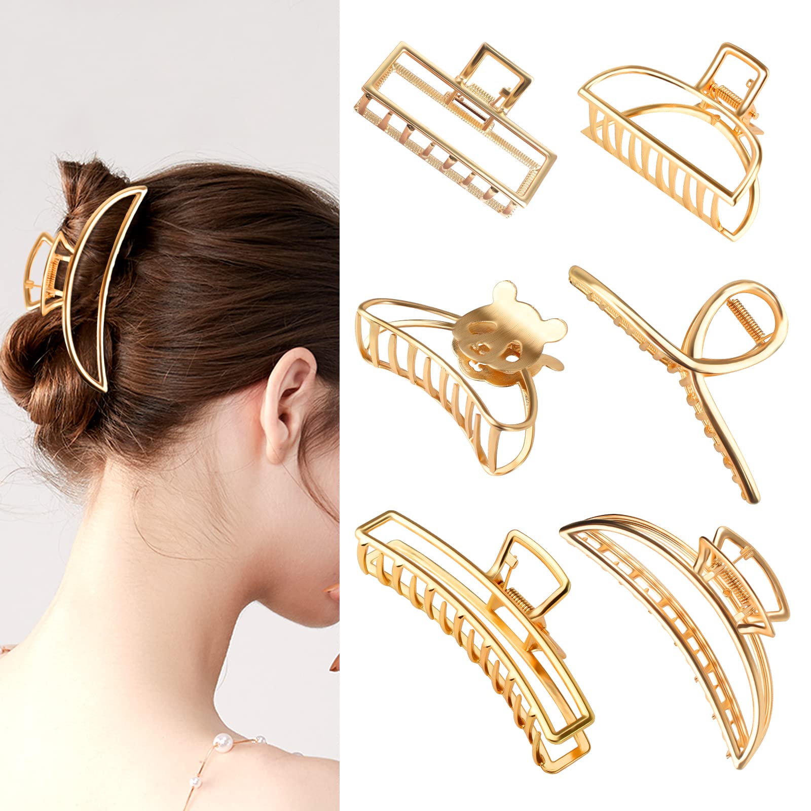 6Pcs Gold Metal Hair Claw Clips - Hollow Strong Hold Non-Slip Clamp Fashion Hair Accessories for Women and Girls With Thin, Thick, Long Hair