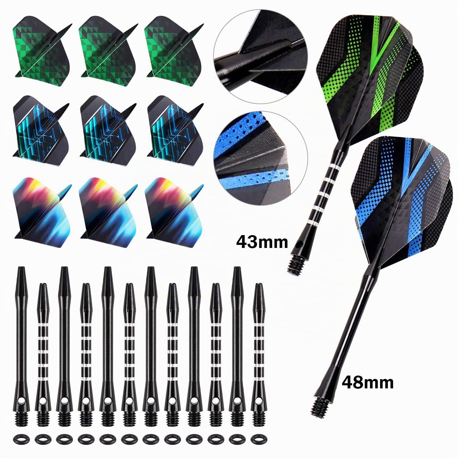 Grebarley Dartpfeile mit Metallspitze,12 Stück Profi Steeldarts 18 Aluminium Schaft mit 9 Flights 20 Orings 4