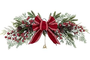 Topotdor Christmas Pine Swag with Ribbon Bow for Front Door, 25.6" Artificial Greenery Wreath with Pine Cones & Red Berries for Indoor Outdoor Window Wall Home Holiday Decor
