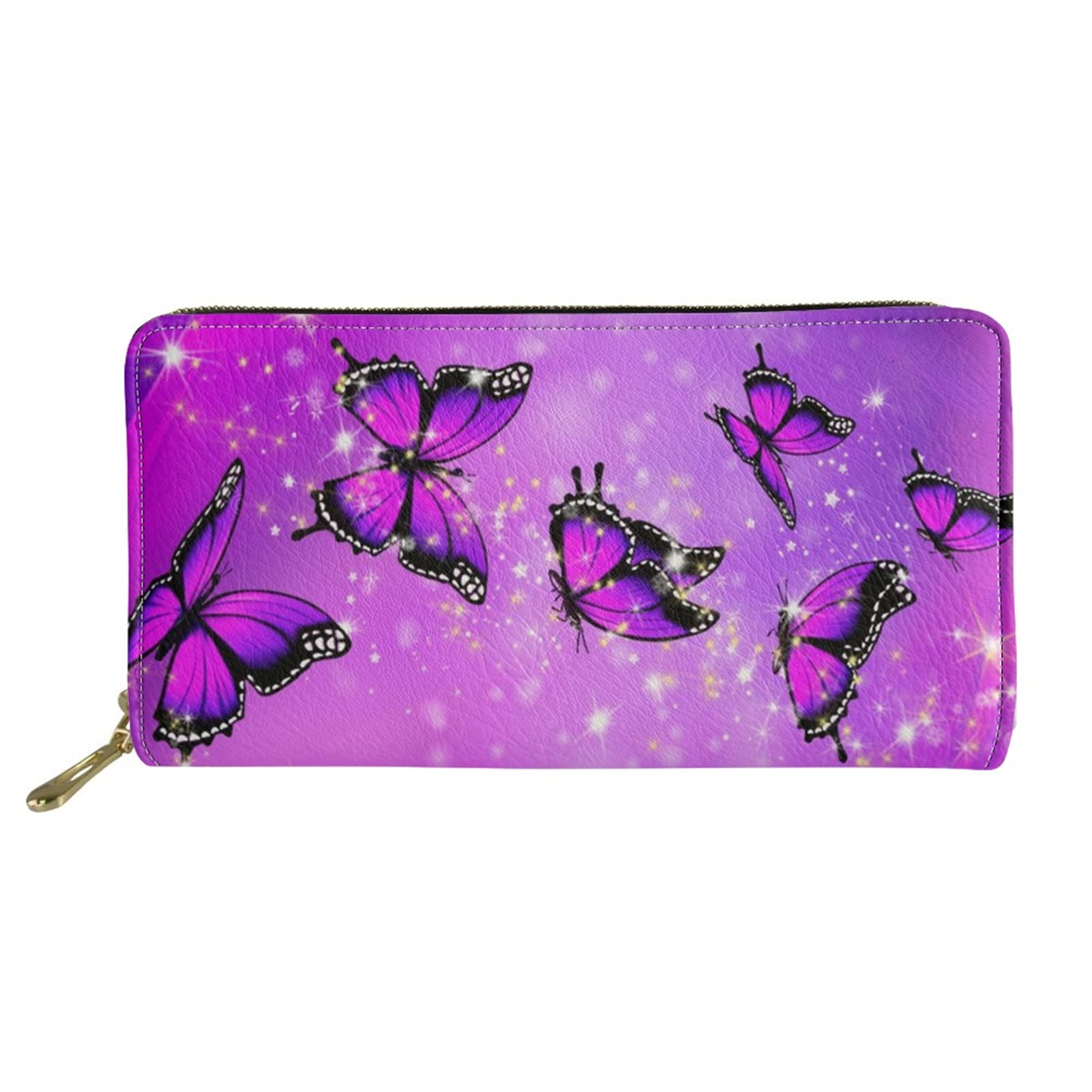 Jndtueit Womens Walllet Long Leather Purse Purple Butterfly Print Slim Clutch Bag Credit Card Holder Money Organizer with Zip Around