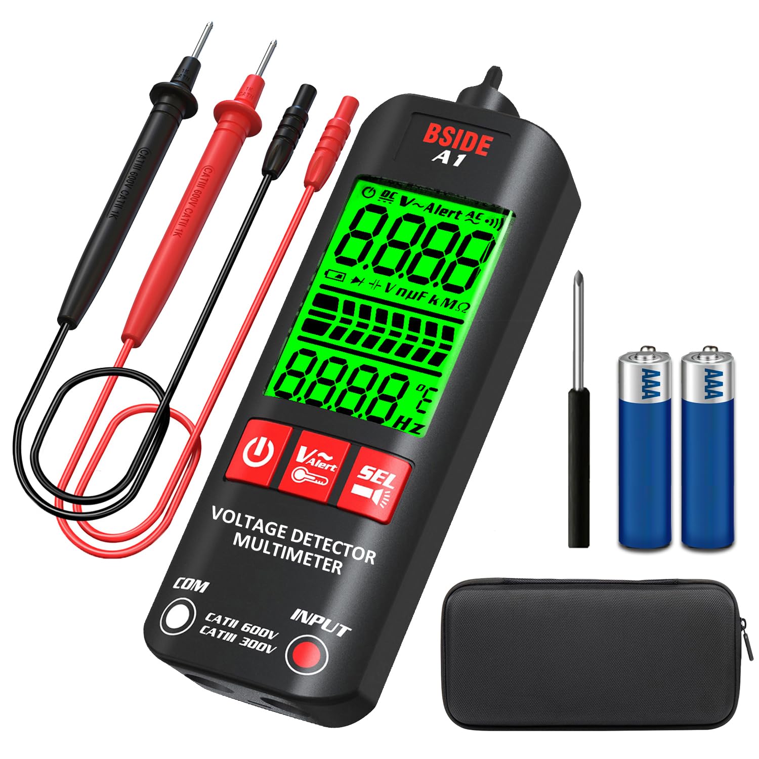 BSIDE A1 Smart Digital Multimeter Electrical Tester Pocket Voltage Tester 3 Results Display Auto Range Non Contact Voltage Detector Triple Buzzer Adjustable Sensitivity Continuity Tester with Case