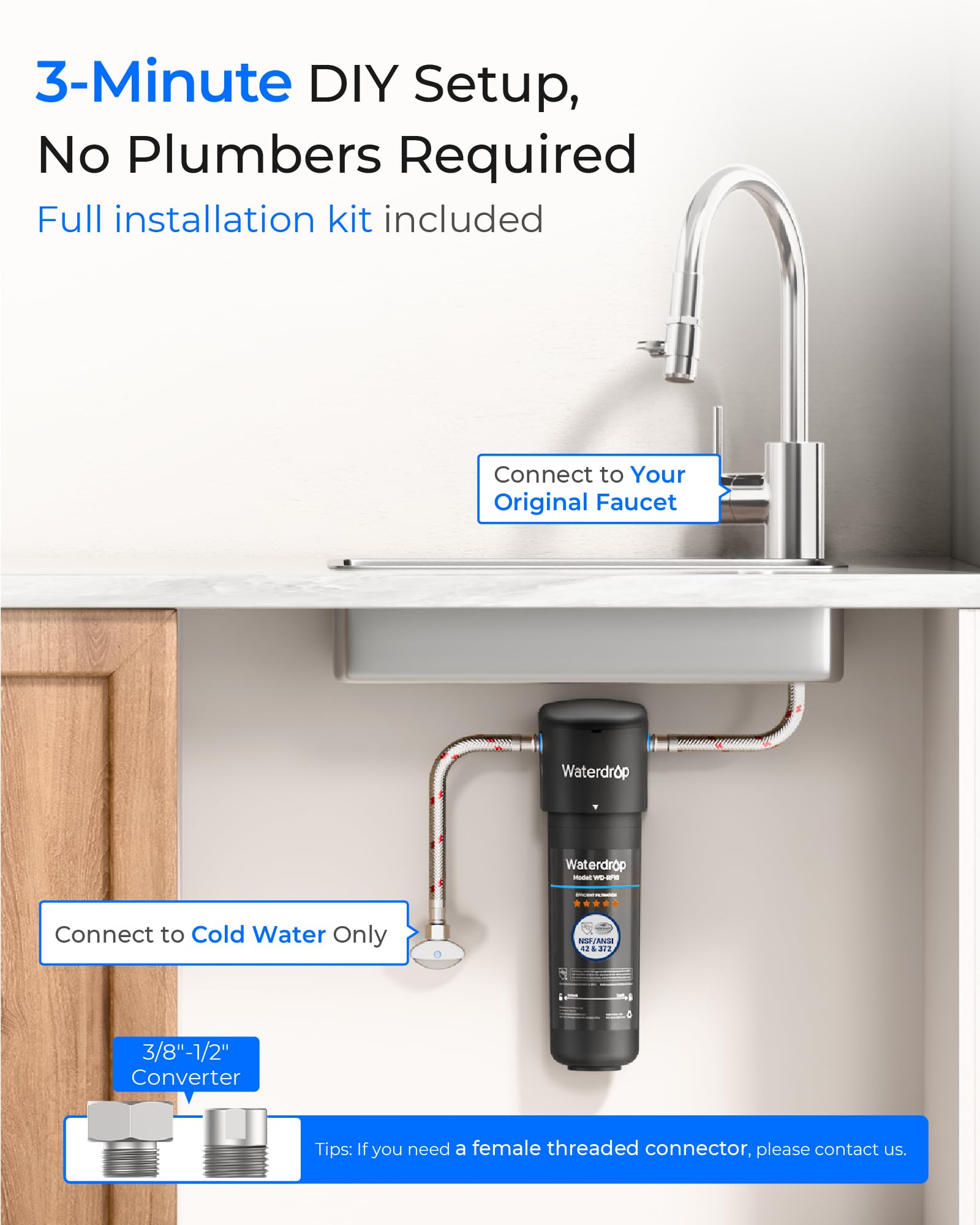 Waterdrop 10UA Under Sink Water Filter System, Reduces PFAS, PFOA/PFOS, Lead, Chlorine, Bad Taste & Odor, Under Counter Water Filter Direct Connect to Kitchen Faucet, NSF/ANSI 42 Certified, 1 Year