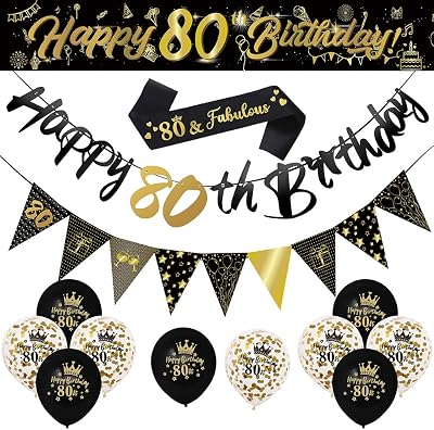Yontree 14 Pieces 80th Birthday Decorations Kit Gold Black Banner Balloons