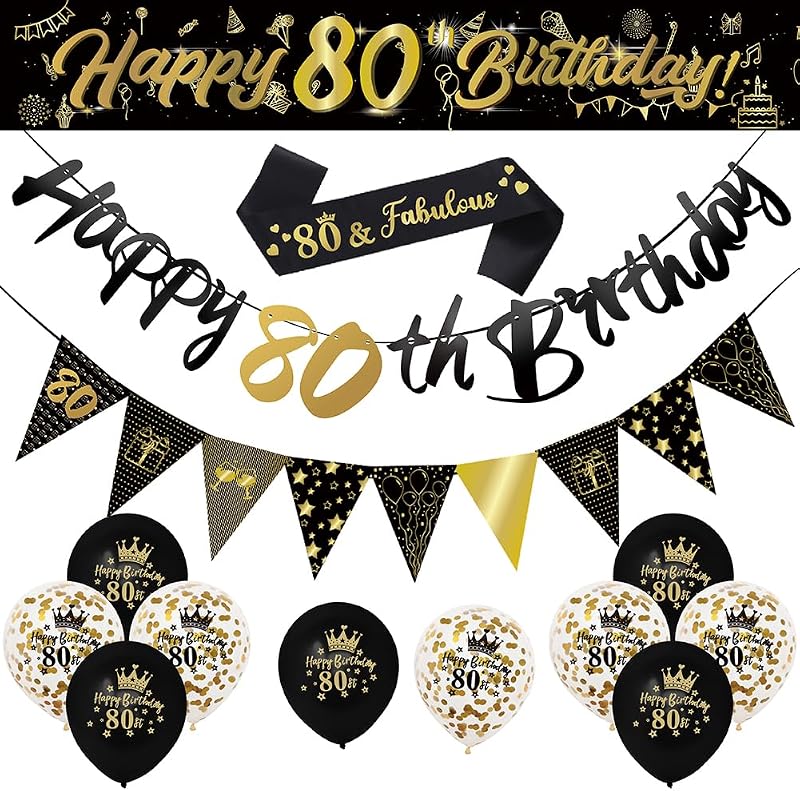 Yontree 14 Pieces 80th Birthday Decorations Kit Gold Black Banner Balloons
