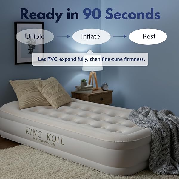 KING KOIL PLUSH PILLOW TOP TWIN AIR MATTRESS WITH BUILT-IN HIGH-SPEED PUMP FOR CAMPING, HOME & GUESTS – 20” TWIN SIZE AIRBED LUXURY INFLATABLE BLOW UP MATTRESS, WATERPROOF, 1-YEAR WARRANTY