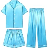 Weixinbuy Girls Pajamas Set Button Down Short Sleeve Pjs Satin Pajamas Sleepwear Lounge Set 3Pcs Pjs for Teen Kids Girls Boys