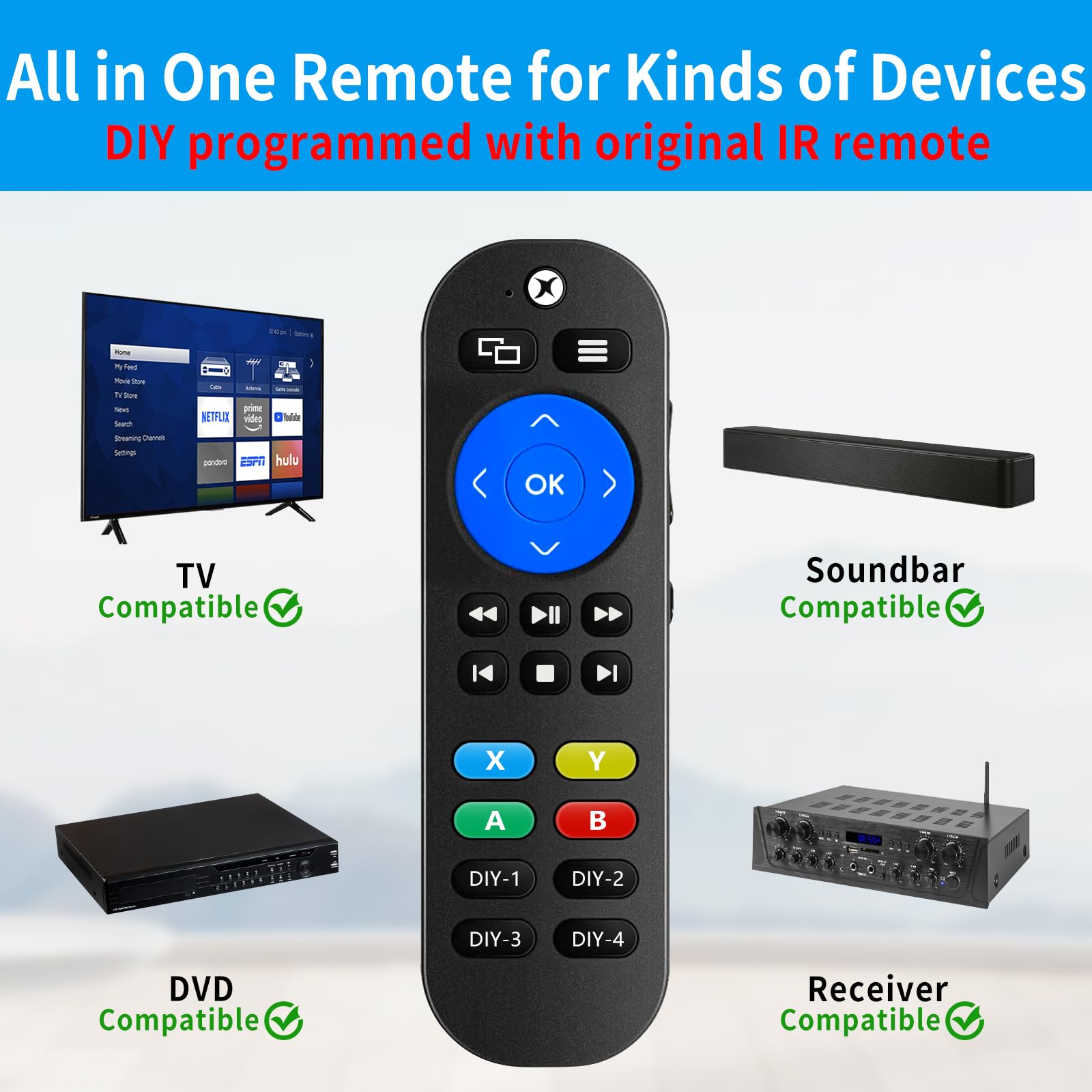 tiebutie Pre-Programmed Media Remote Control Compatible with Xbox One, One S/X - Universal Control for Xbox Remote, LG & Vizio TV Remotes with Extra 7 Learning Programmed Keys
