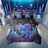 Erosebridal Cute Axolotl Queen Comforter Set Cartoon Axolotl 7-Piece Bedding Set Blue Ocean Animal Bed in A Bag Underwater World Wildlife Bed Set for Kids Boys Girls Room Decor