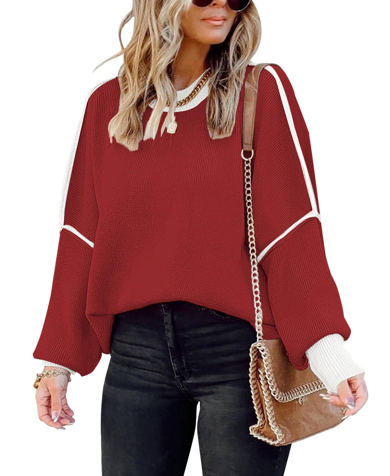 Womens Fashion Knit Chunky Sweater Crewneck Batwing Sleeve Oversized Knitted Pullover Sweater Casual Jumper Tops Image