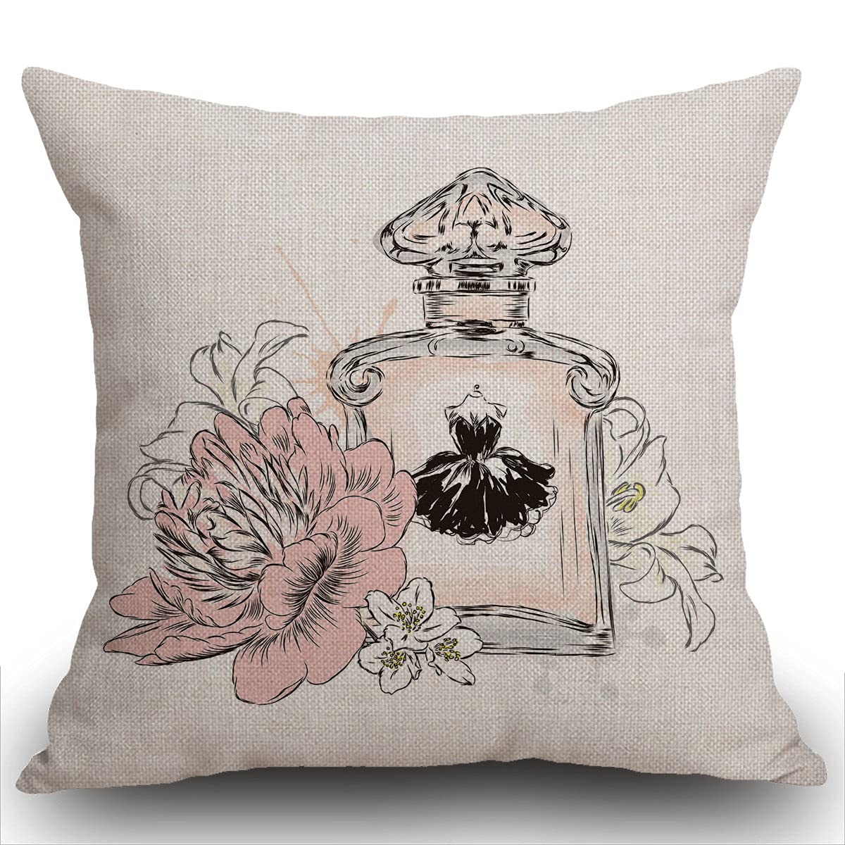 Smooffly Throw Pillow CasePerfume Bottle And Flowers Cushion Cover 18x18 inch Linen Square Throw Pillow Cover for Living Room Sofa Couch Bed Pillowcase 45cm x 45cm