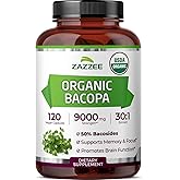 Zazzee USDA Organic Bacopa 30:1 Extract, 9000 mg Strength, Standardized to 50% Bacosides, 120 Vegan Capsules, 30X Potency, Cognitive and Memory Support, Non-GMO, All-Natural, Made in The USA