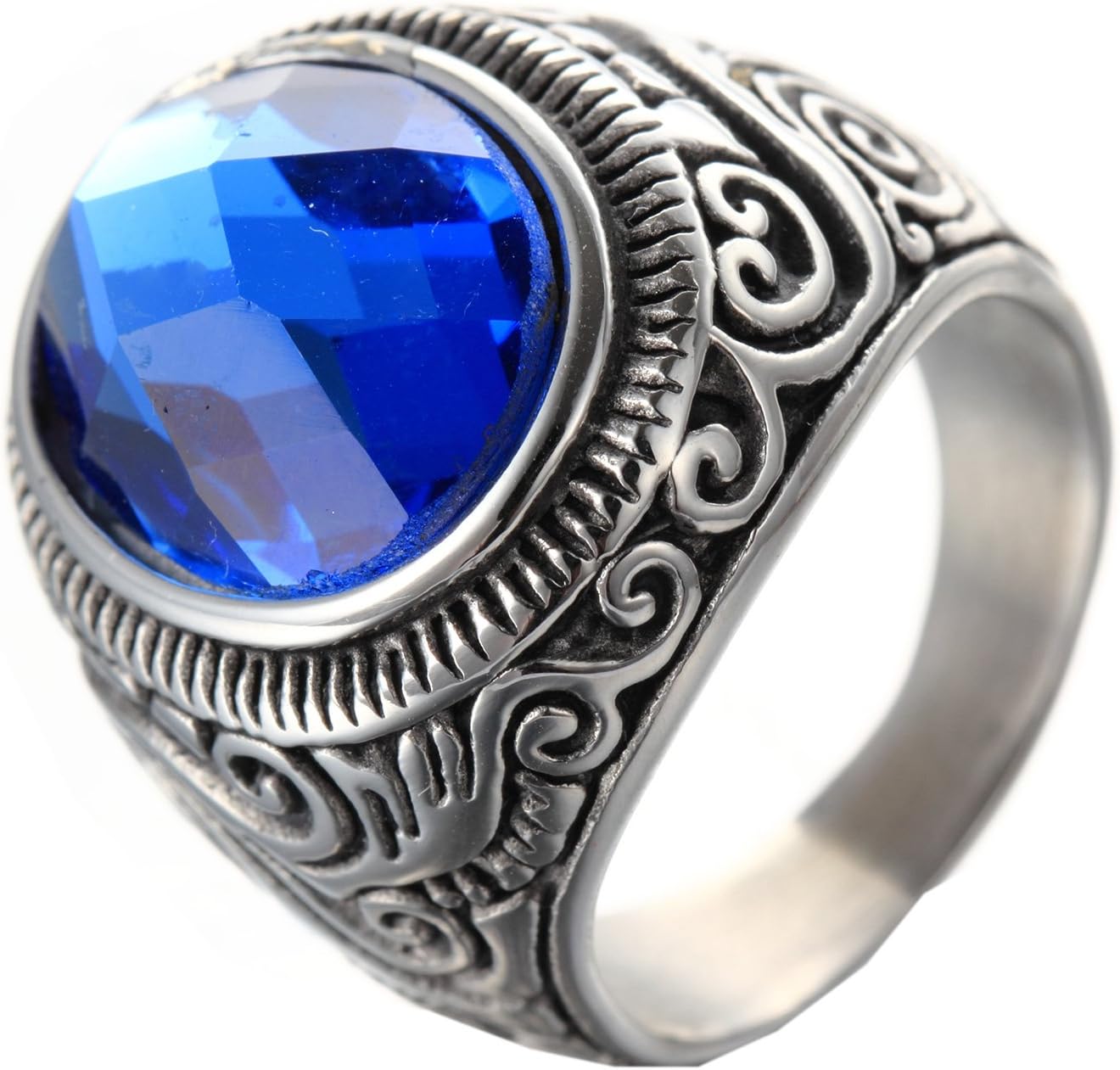 PMTIERMen's Stainless Steel Vintage Carved Pattern Gemtone Ring