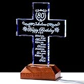Ornalrist 80th Birthday Cross Gifts for Women Men, Standing Glass Cross with LED Wooden Base, 80 Year Old Birthday Religious Presents for Mom Dad, 80th Fabulous Birthday Gifts Keepsake Home Decor