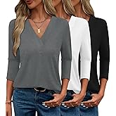 Bliwov 3 Pack Womens Summer Tops V Neck 3/4 Sleeve Loose Tshirts Business Casual Beach Trendy Blouses Spring Clothes Outfit