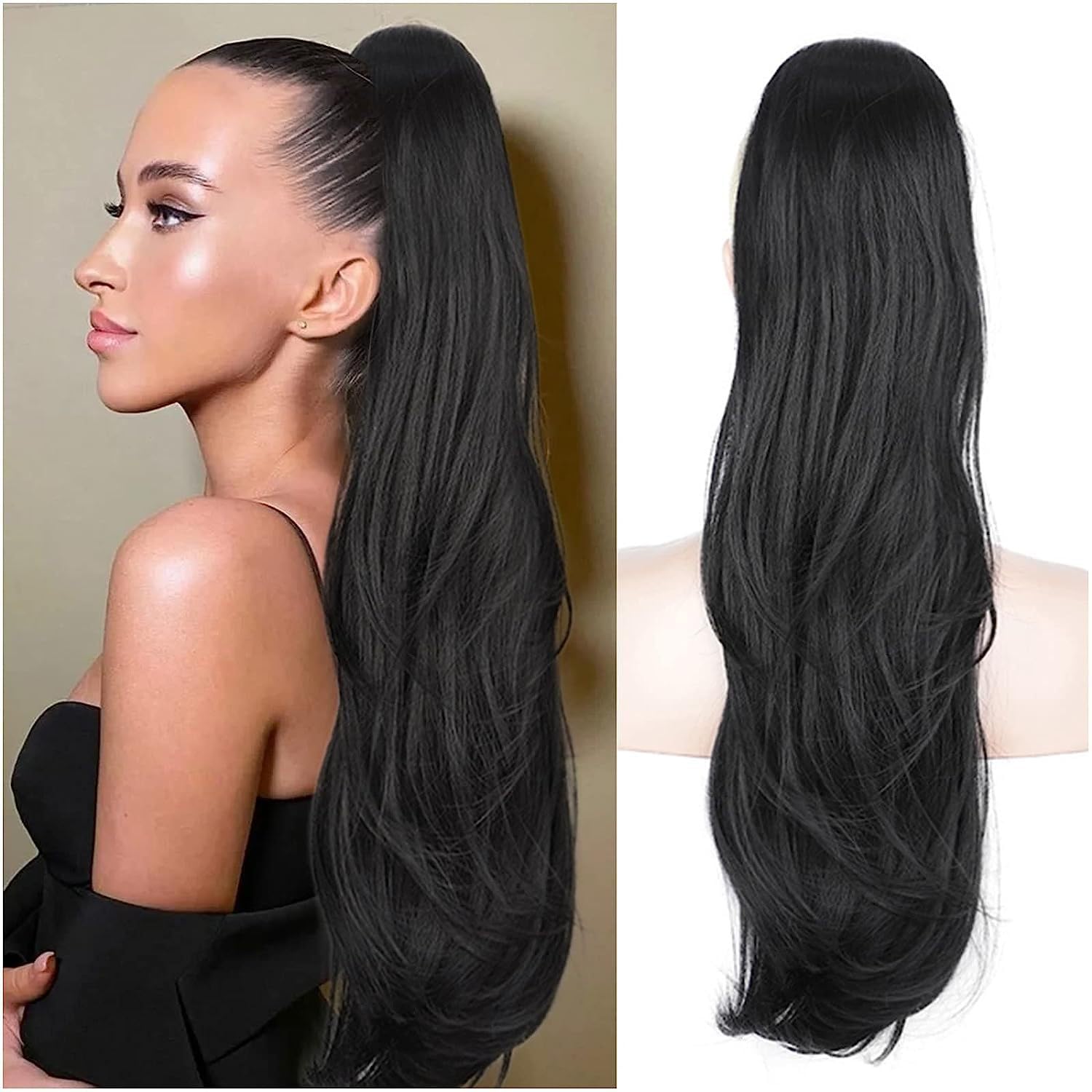 PORSMEER Ponytail Extension,Drawstring Ponytail Hair Extensions Dark Black 26 Inch Long Natural Straight Wavy End Synthetic Hairpiece for Women Girls Daily Use/Party — image 1