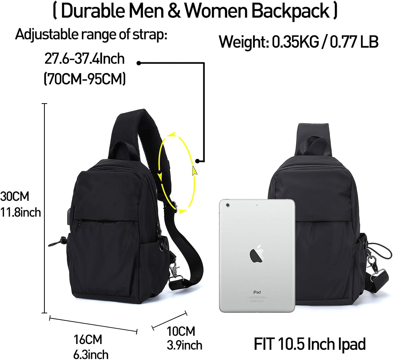 Small Black One Strap Backpack Sling Bag Crossbody Backpack for Men Women, Lightweight Waterproof Sling Backpack Shoulder Bag for Hiking Walking Biking Travel Cycling USB Charger Port-Nylon: Clothing