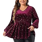 Agnes Orinda Plus Size Velvet Tops for Women V Neck Long Sleeve Shiny Gilding Metallic Stars Tops