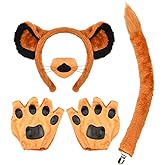 PATURPINT Lion Costume Accessory Set with Ears Headband, Nose, Paw Gloves, Clip-On Tail, Orange and Black