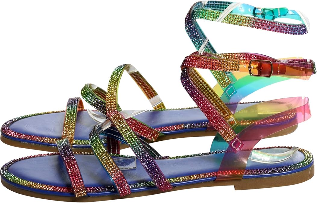 Cape Robbin Women's Strapy Rainbow Rhinestone Sandal, Blue