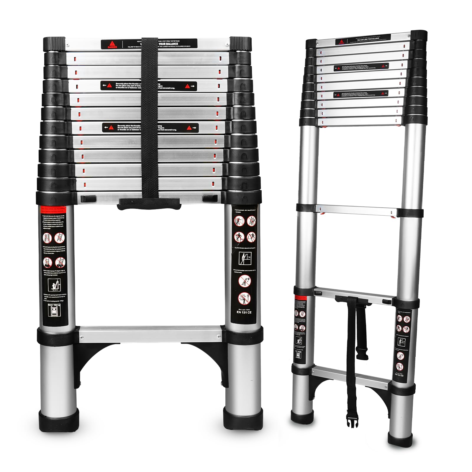 Augtarlion Telescoping Ladder, 12.5 FT One Button Retraction Aluminum Extension Ladder with Slow Down Design, Compact Telescopic Ladder for Home with 2 Triangle Stabilizers, Max 330lbs Capacity
