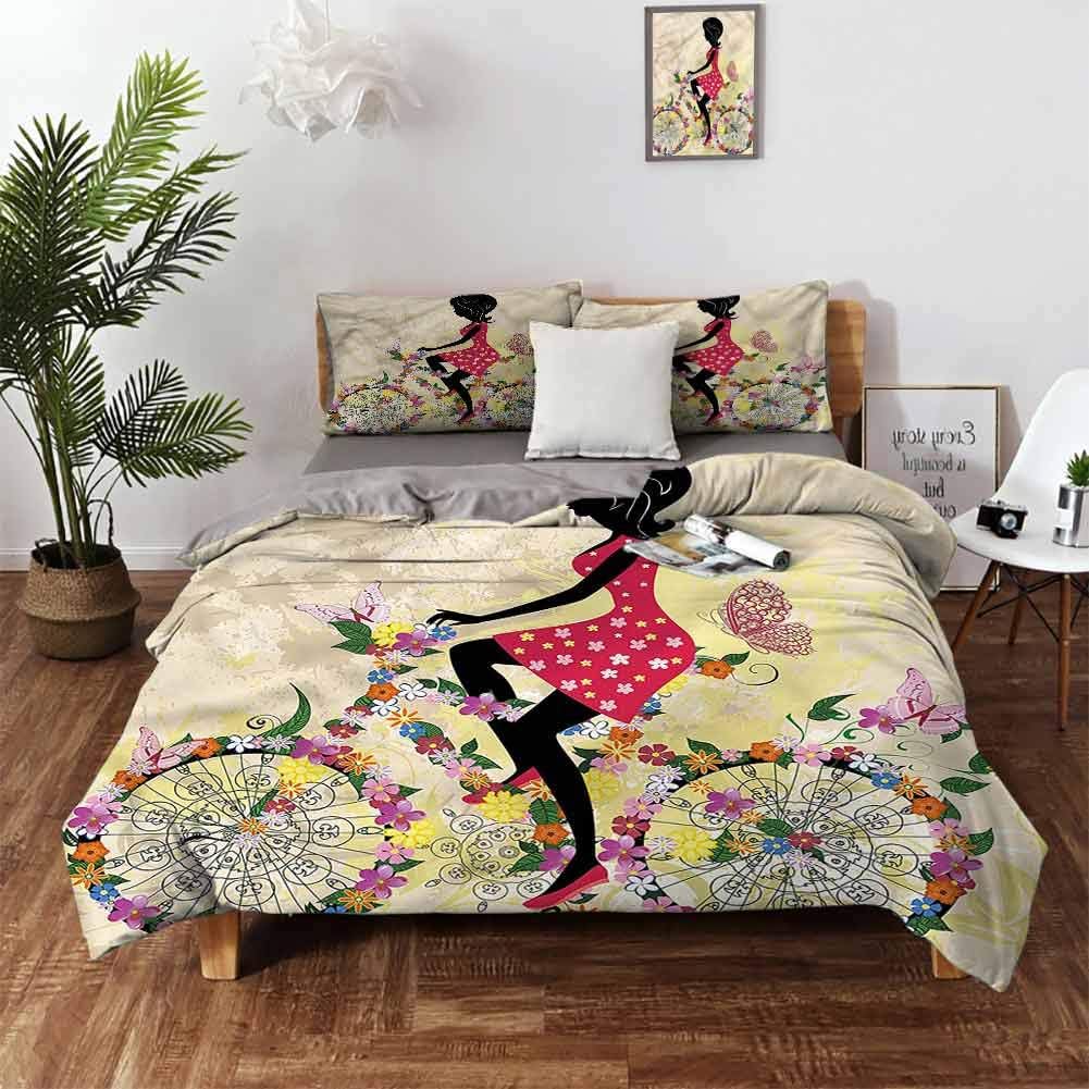 Girls Bedding 3 Piece Duvet Cover Set Twin Size with Four Corner Straps,Comforter Set Bed Washed Microfiber(3 Piece Includes 1 Quilt and 2 Shams) Figure on The Bicycle Hobby