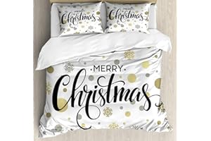 Ambesonne Christmas Duvet Cover Set, Merry Christmas Lettering on an Abstract Modern Snowflake Dot Pattern, Decorative 3 Piece Bedding Set with 2 Pillow Shams, Queen Size, Black Beige