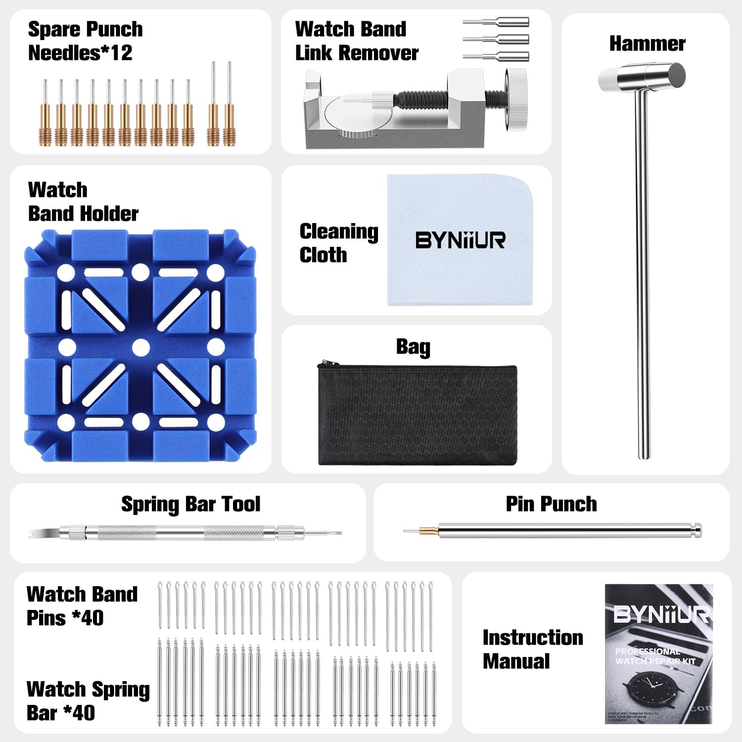 BYNIIUR Watch Link Removal Kit, Watch Band Adjustment Tool Kit, Watch Link Strap Pin Removal Tool, Watch Sizing Tool Kit for Watch Bracelet Adjustment Resizing, Watch Pin Pusher Removal Tool