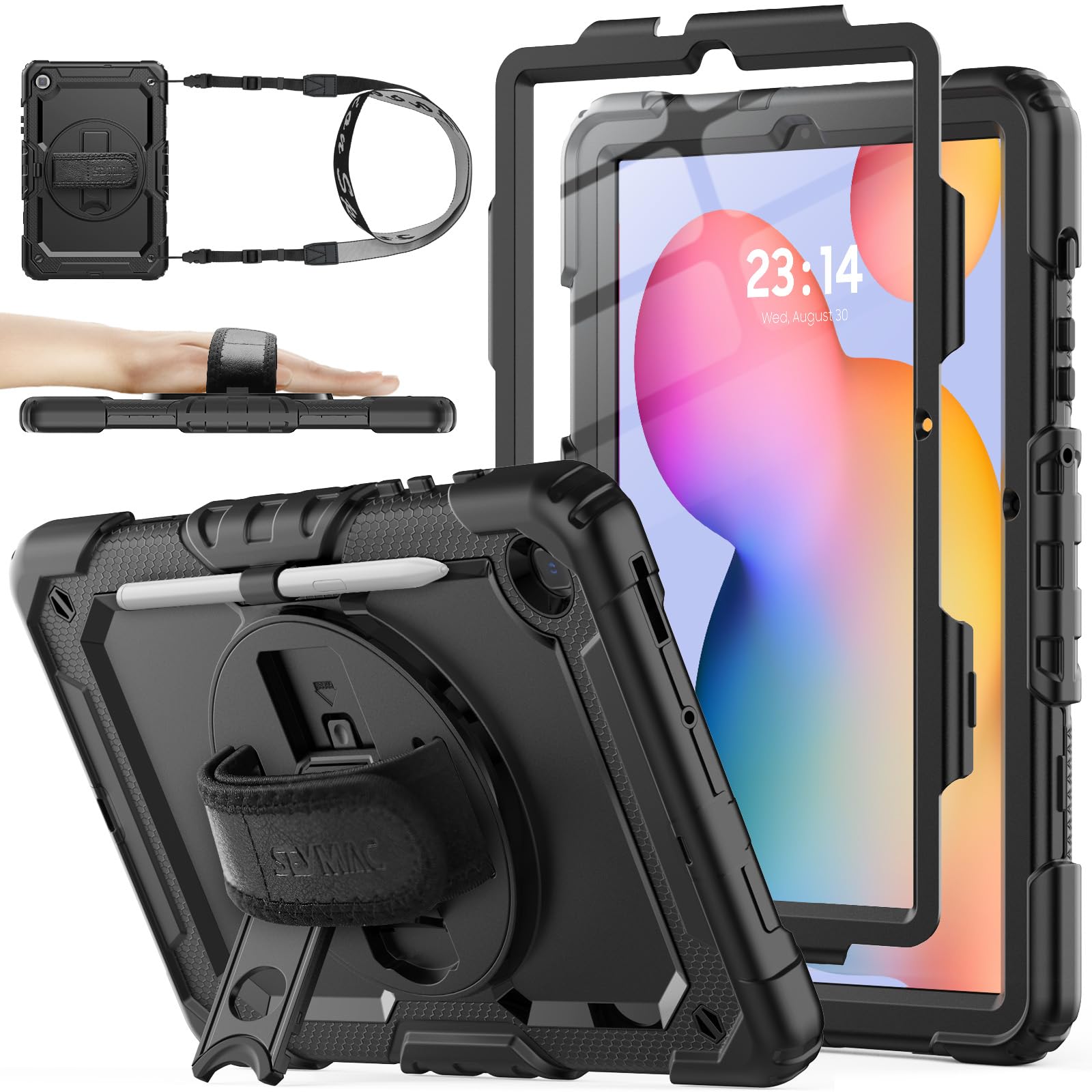 SEYMAC stock for Samsung Galaxy Tab S6 Lite Case 10.4 Inch 2024/2022/2020, Full Body Shockproof S6 Lite Case with Screen Protector, 360° Rotating Hand Strap/Stand, Pen Holder, Shoulder Strap, Black