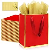 Addblu 28 Pack Bulk Luxury Gift Bags with Handles, Medium Size 9x7x3.15 Inches - Includes 28 Tissue Papers for Wedding, Birthday, Baby Shower, Thanksgiving, Christmas, & Party Favors (Red with Gold Foil Trim)