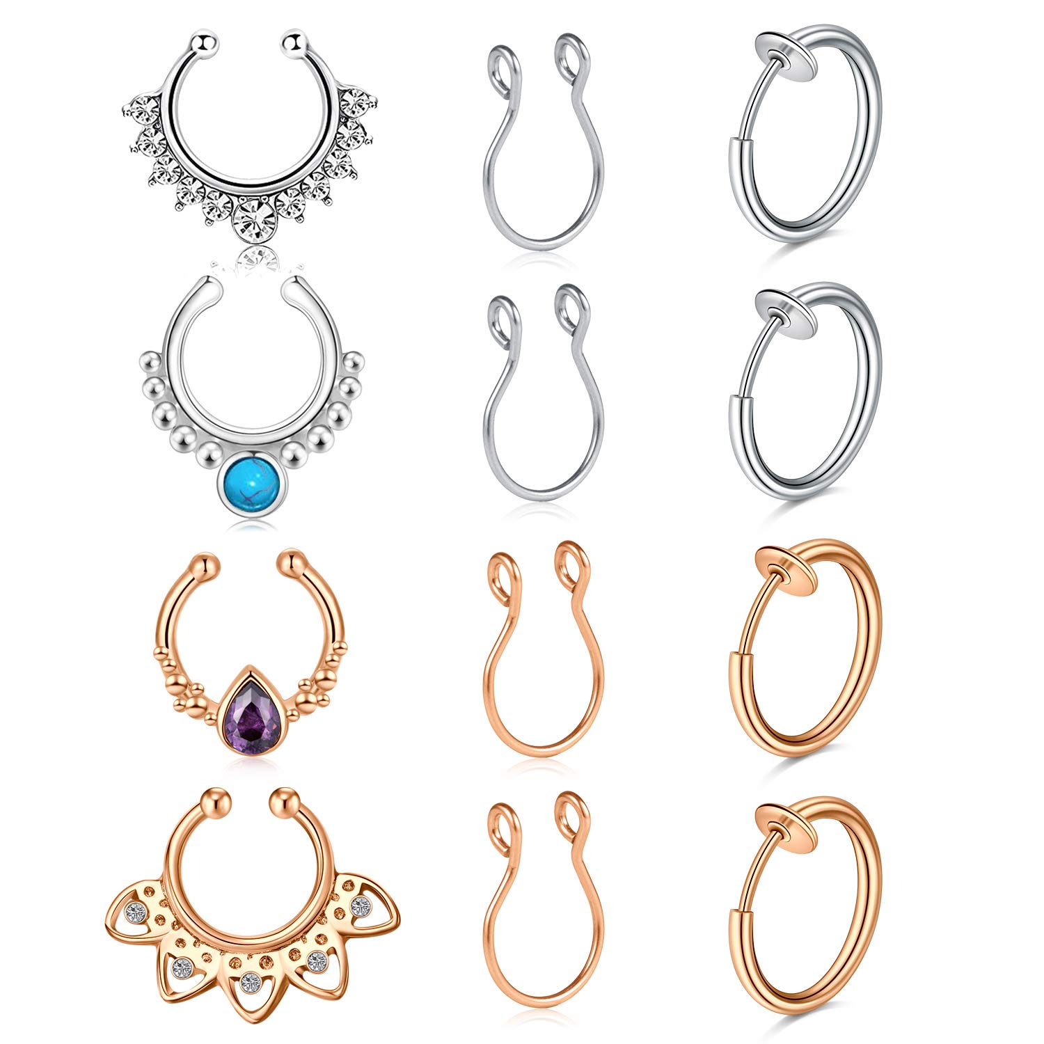 Mayhoop 12 Pcs Fake Nose Rings Hoop Fake Septum Rings Stainless Steel with Diamond Turquoise Amethyst Clip on Fake Nose Piercings No Piercing Mix Colors Body Piercing Jewelry