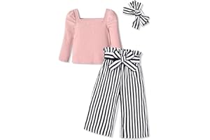 DONWEN Toddler Girl Clothes, Toddler Clothes Square Neck Puff Long Sleeve Top + Pants + Headband 3Pcs Outfit Set