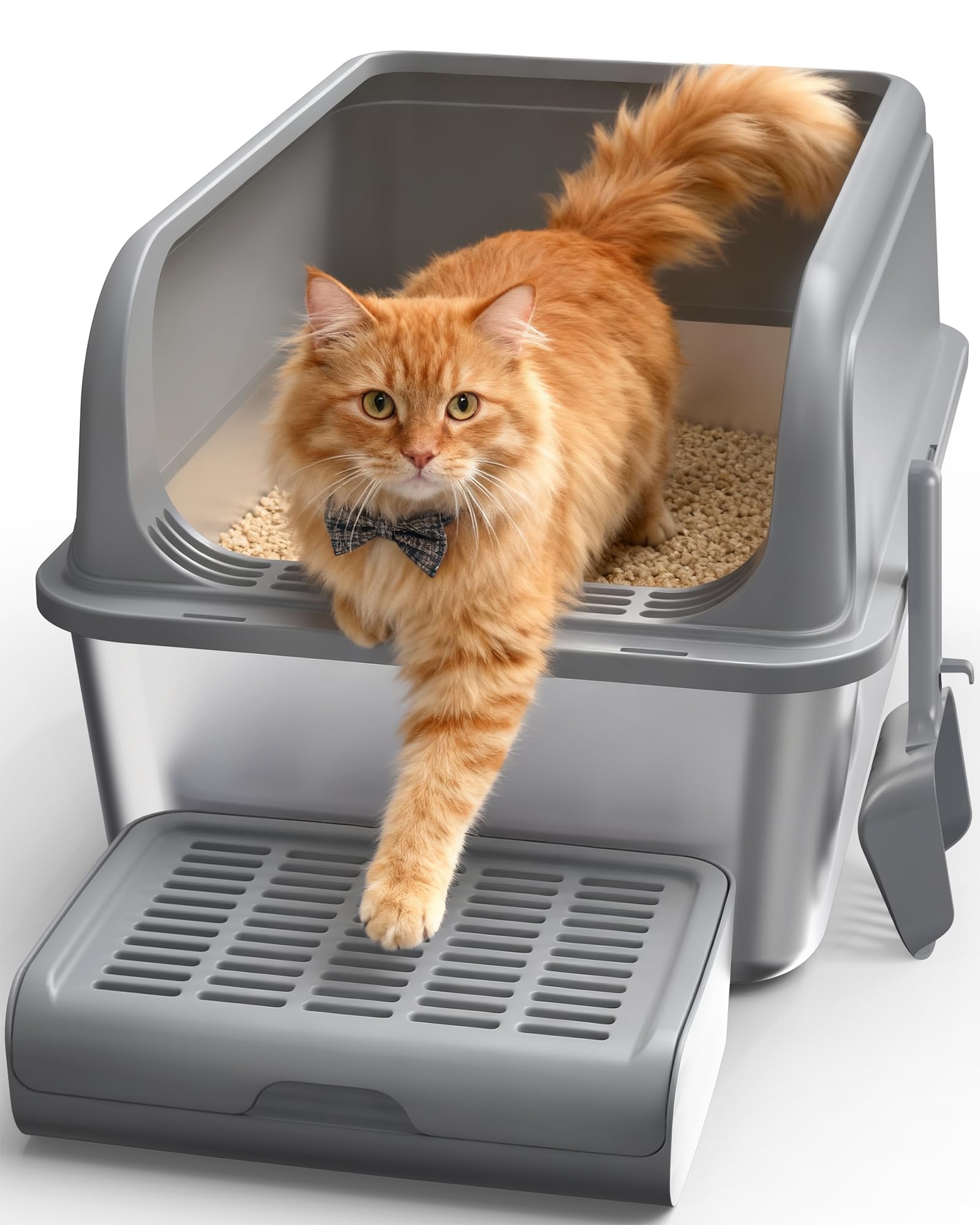 Photo 1 of Powools Cat ter Box - Stainless Steel Litter Box with Scatter-Proof Elevated Step Board for Kitty Use, Robust & Non-Sticky Metal Cat Box with Scoop, Grey
