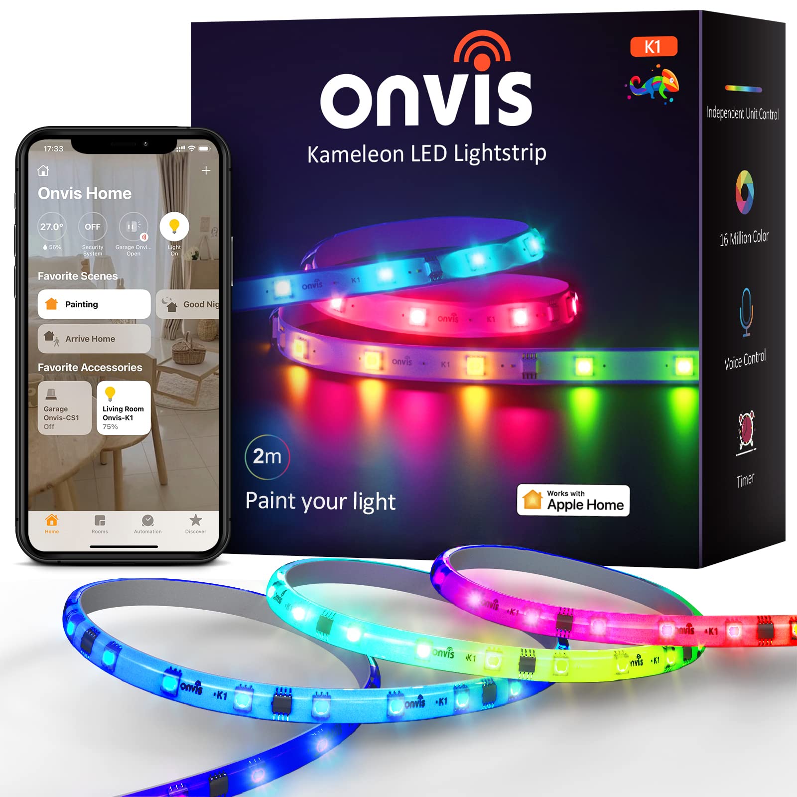 Onvis LED Strip Light 2M, RGBIC WiFi LED Strip with PU Coating, APP & Voice Control, Segmentable Colour Changing, Works with Apple HomeKit, LED Lights for Bedroom, TV, Game Room