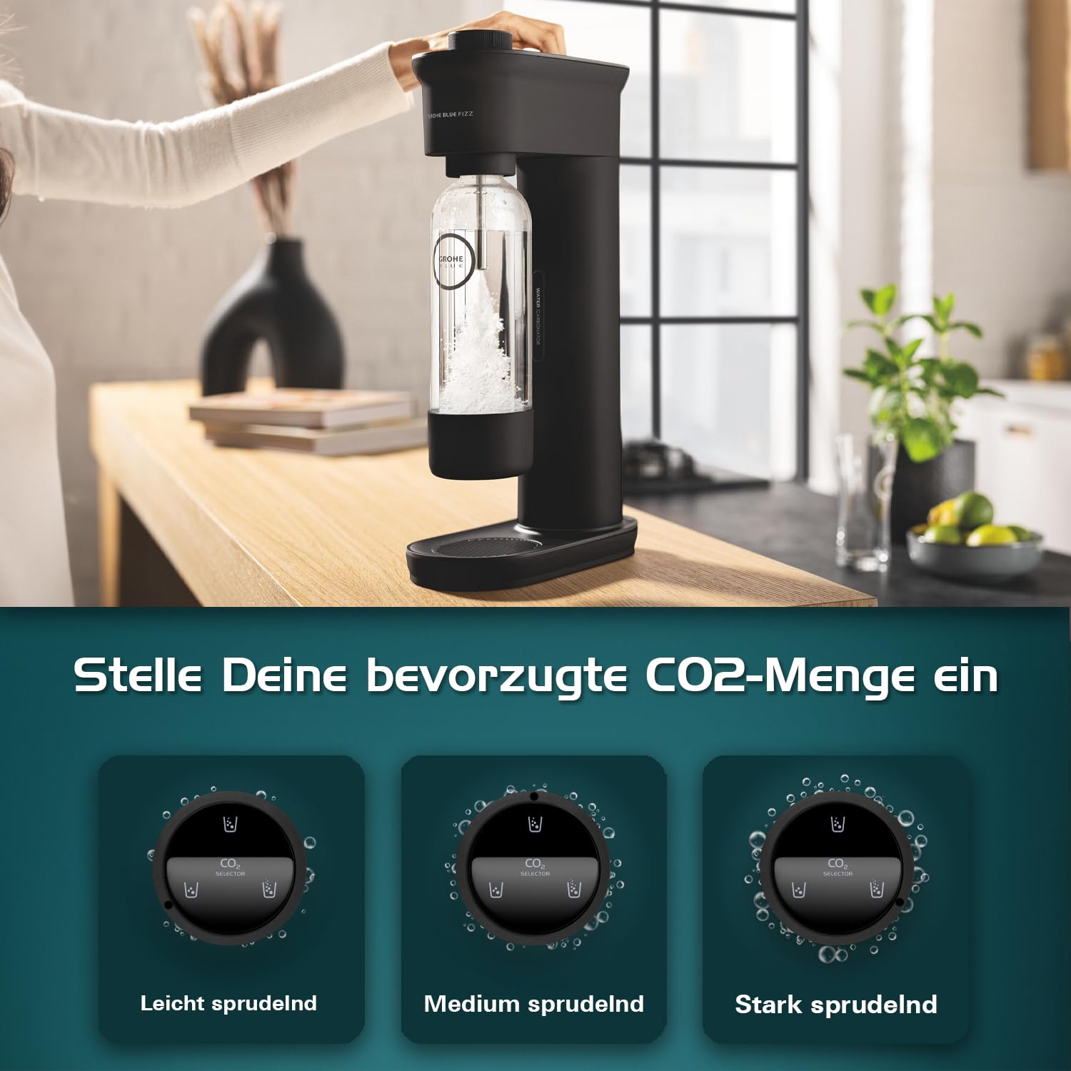 GROHE Blue Fizz, Wassersprudler Starter Set (3 einstellbare Sprudel-Stufen, ohne CO2 Flasche, 1x 0,85l Wasserflasche + Reinigungspulver), schwarz, 31943K00 2