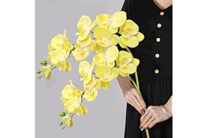 JEVA 1Pack Artificial Yellow Orchid Flower Arrangements Faux Gold Orchid Flower Arrangements Faux Orchid Flower 1stem 9 Flowers Orchid Centerpiece for Dining Room Table