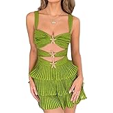 ensswliz Women Y2k Glitter Starfish Short Dress Sleeveless Tiered Ruffle Hem Mini Dress Hollow Cut Out Beach Party Dresses