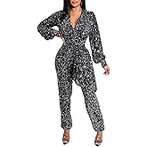 KnoInt Women Sparkly Dressy Jumpsuit Deep V Neck Long Sleeve Clubwear Plus Size Wide Leg Long Pants Rompers