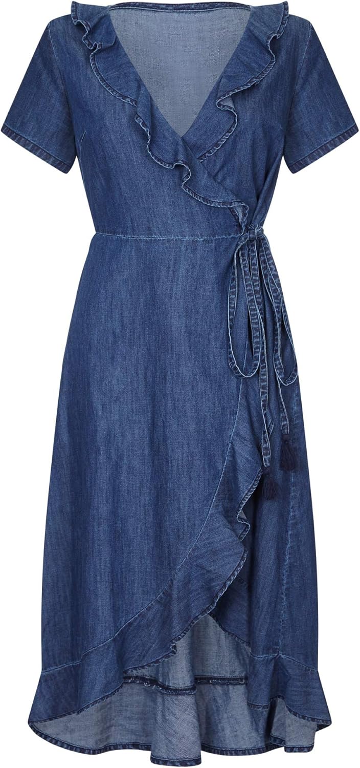 yumi frill wrap denim dress