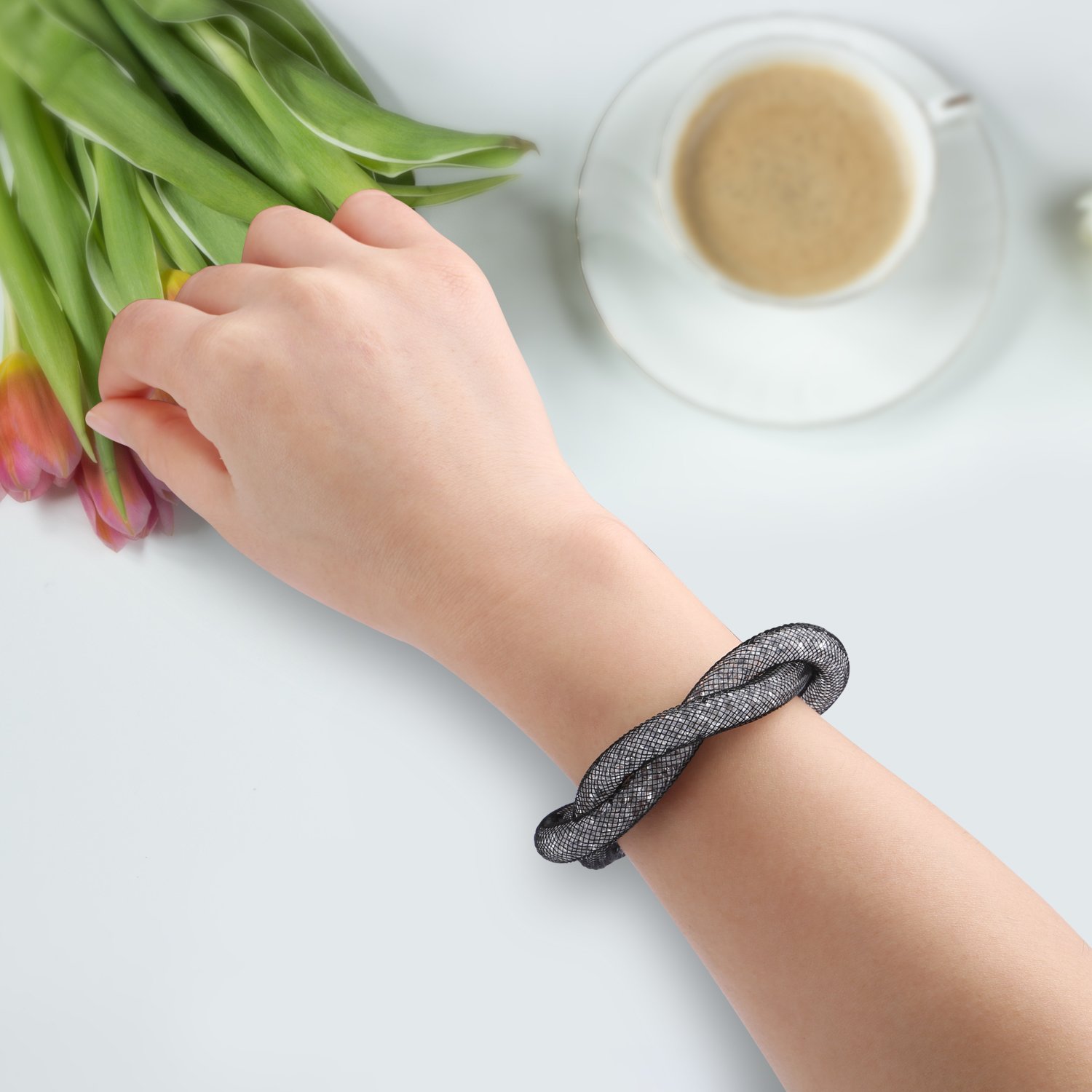 Mesh Double Stardust Bracelets,UHIBROS Stardust Twisted Mesh Bracelets With Crystal Stones Filled Magnetic Clasp Charm Bracelets Bangles Strand Bracelet For Women Gifts