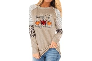 KNEYATTA Thankful Grateful Blessed Print T Shirt Women Thanksgiving Pumpkin Long Sleeve Blouse Leopard Printed Striped Fall Tee