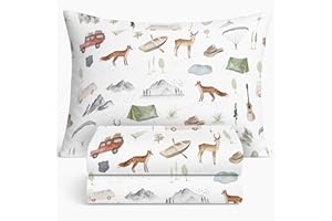 POBIBABY Pobi Baby - Premium Twin Fitted Sheet, Flat Sheet with Pillow case - Ultra-Soft Cotton Blend, Stylish Woodland Pattern, Deep Pockets - Twins Sheets - 3 PC (Explore)