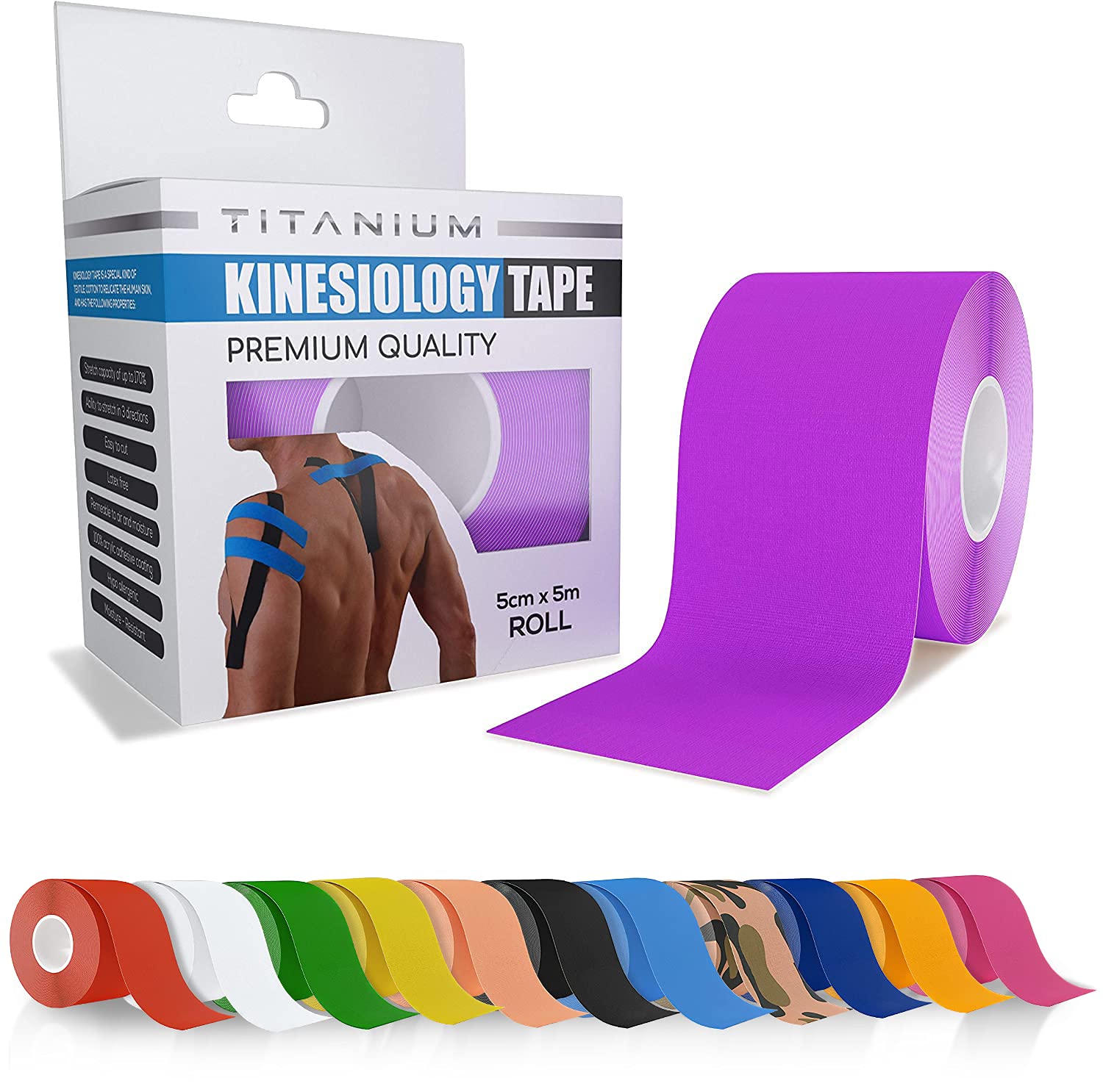 Titanium Sports Kinesiology Tape - 5m Roll of Elastic Water Resistant Tape for Support & Muscle Recovery - Quality Sports Tape (Purple) — image 1