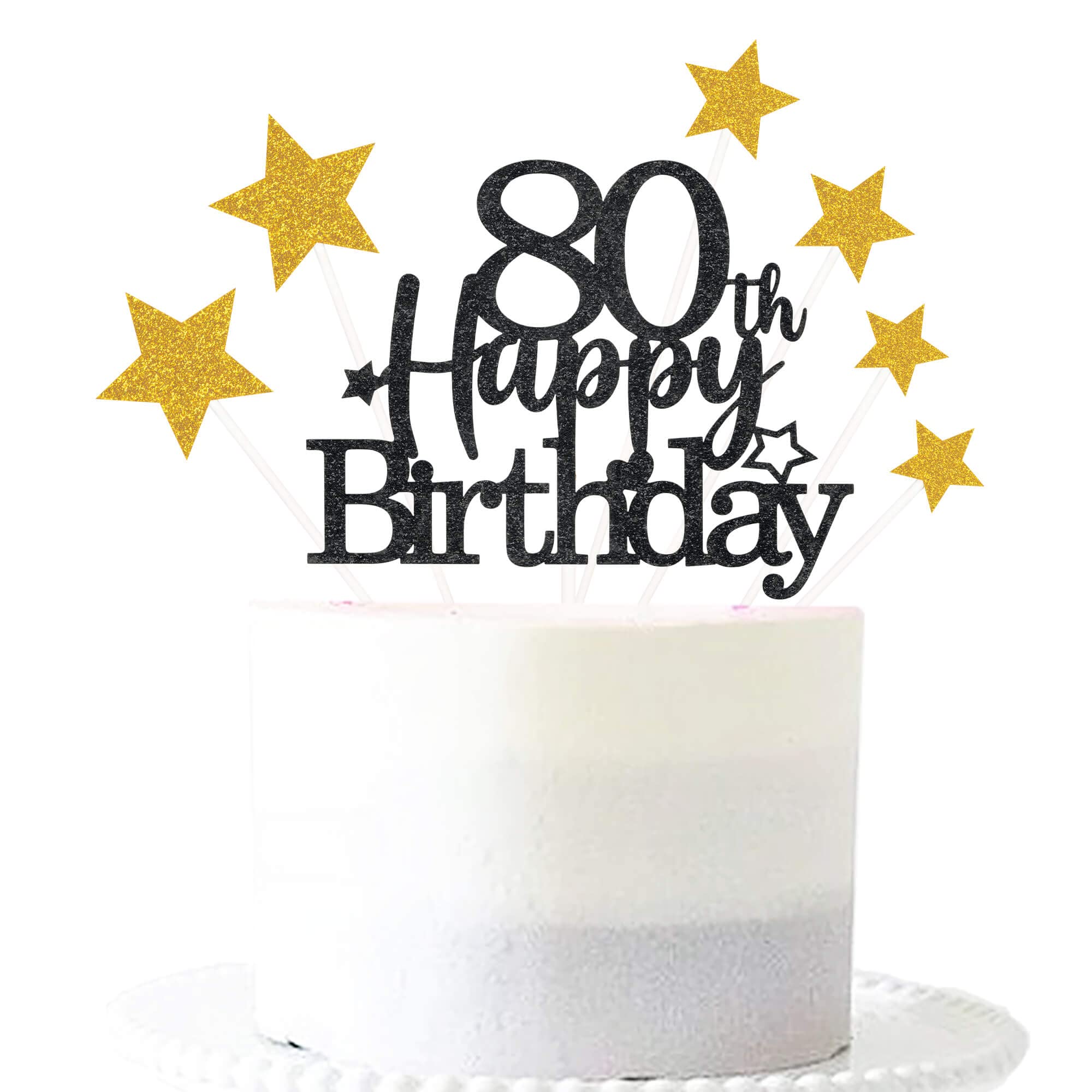 Pargleev Glittery Black Gold 80th Happy Birthday Cake Topper with Star,80 Birthday Cake Toppers Party Decorations Party Supplies for Men Women