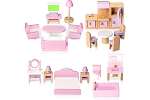 WOODMAM Wooden Dollhouse Furniture Set, 22 Pcs Miniature Furniture Toys Including Living Room, Bedroom, Kitchen, Bathroom, Doll House Accessories, Pretend Play Toys for Kids Boys Girls Age 3+