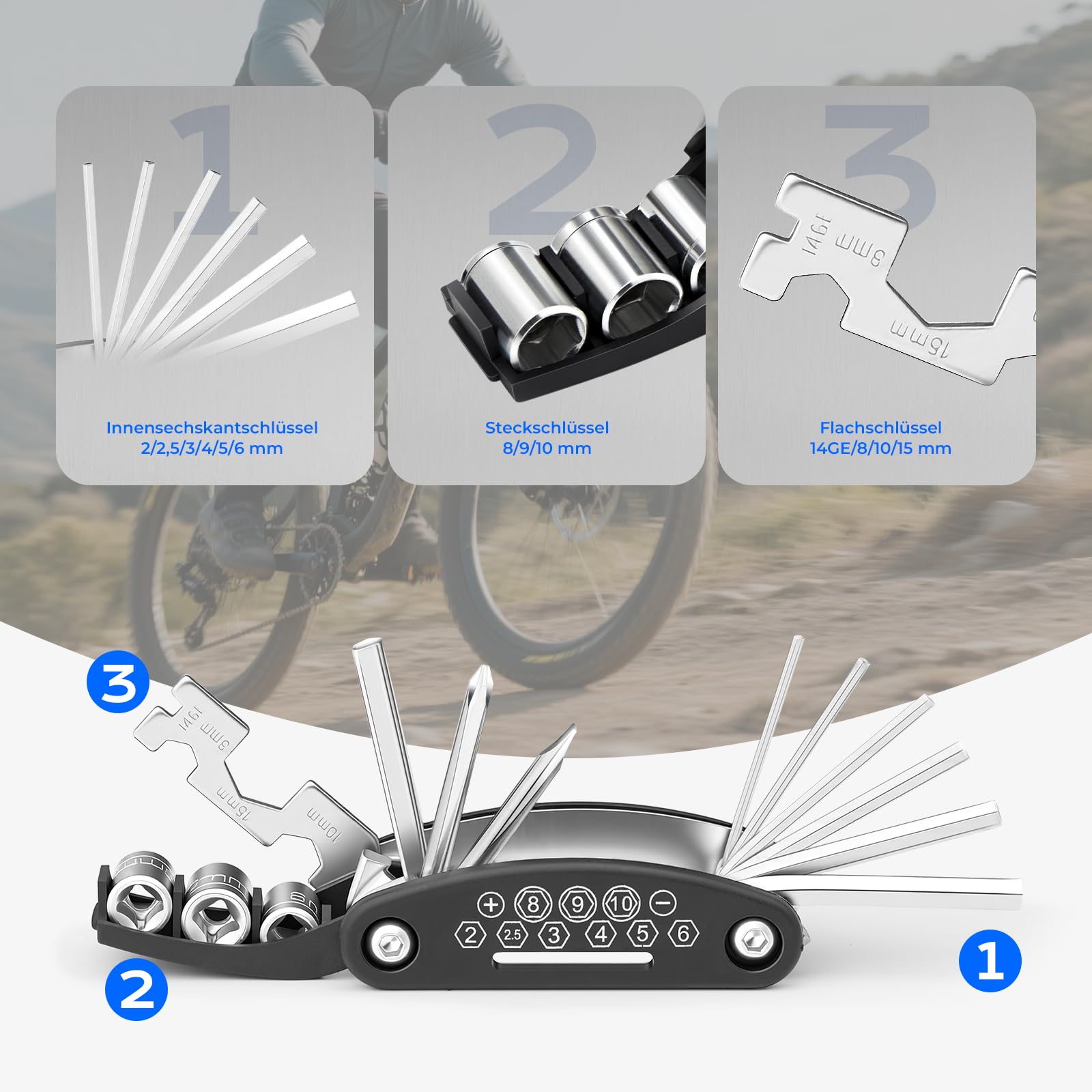 Fahrrad Reparaturset | Fahrrad Zubehör | Fahrrad Multitool 16-in-1 | Fahrrad Flickzeug Set für unterwegs | Faltbares Fahrrad Reparaturset aus Stahl | Kompakt & Leicht | Schwarz 2