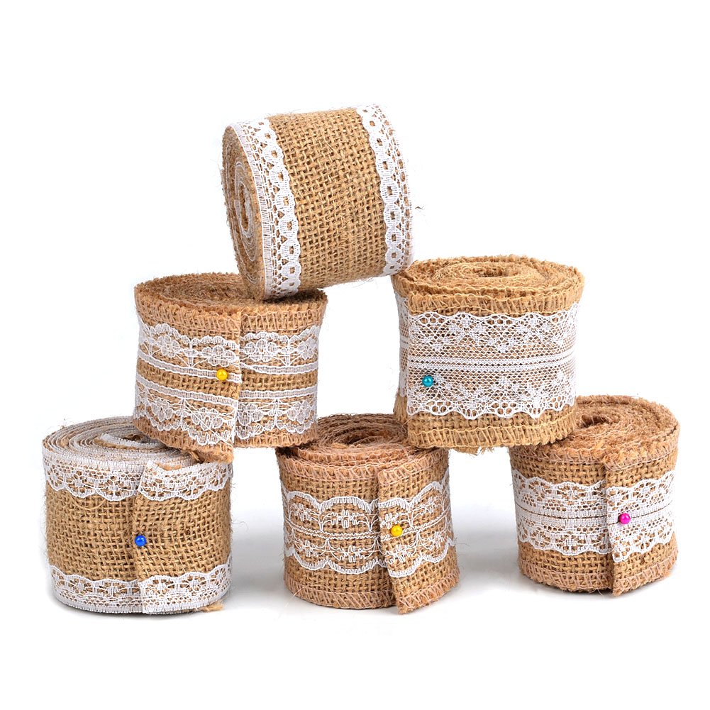 HDmirrorR Hessian Burlap Ribbon Roll Natural Hessian Ribbons Roll with Lace Trim, 6 Pack of Lace Ribbon Roll Wrap Set for Gift Wrapping Strap Party Christmas Wedding Home Decorations