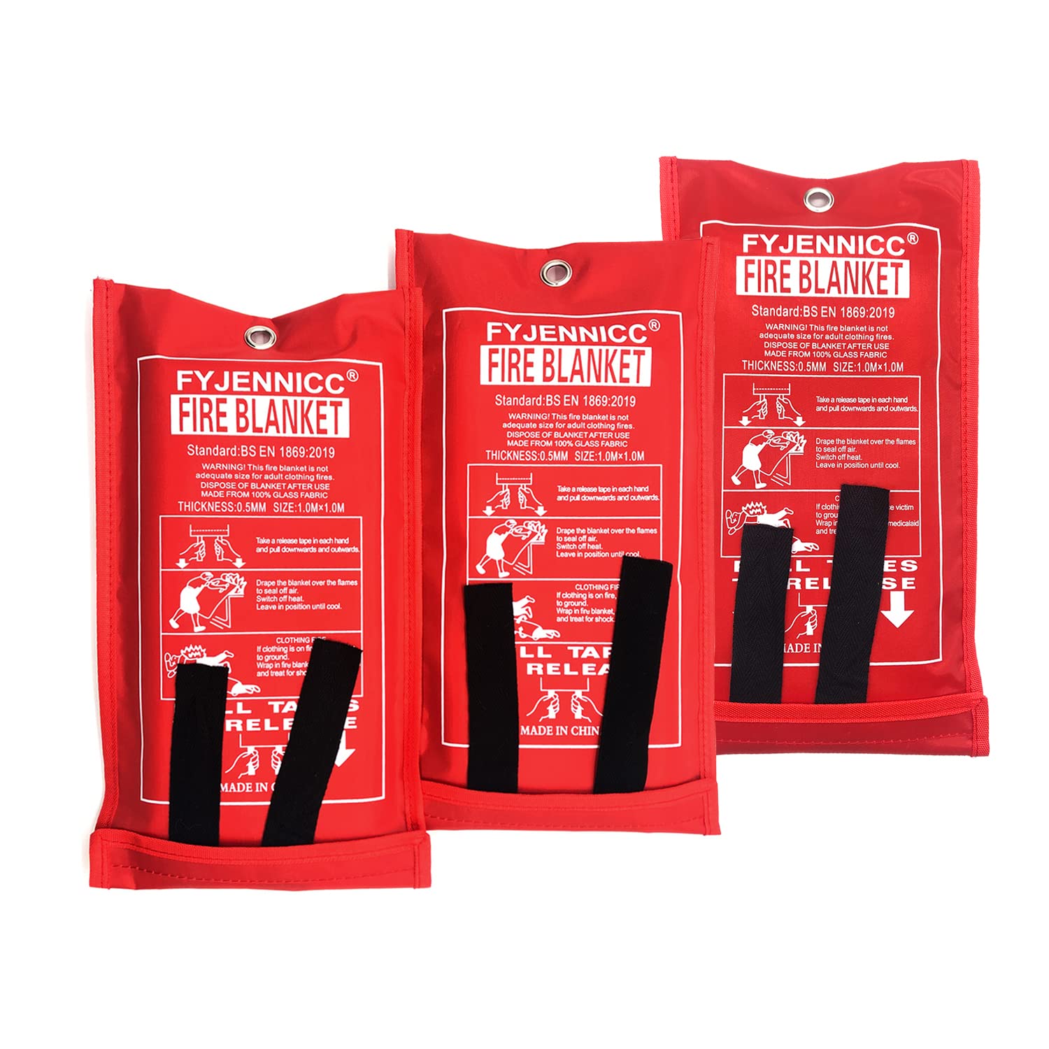 FYJENNICC Fiberglass Fire Blanket with Flame-retardant cotton tapes,39.3×39.3 Inches, 3Pack